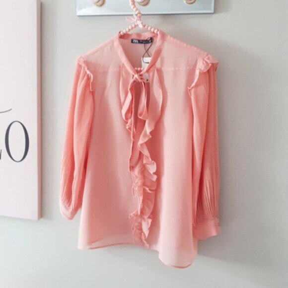 NWT Zara pink pleated sleeve self-tie detail ruffled sheer blouse S - Picture 4 of 5